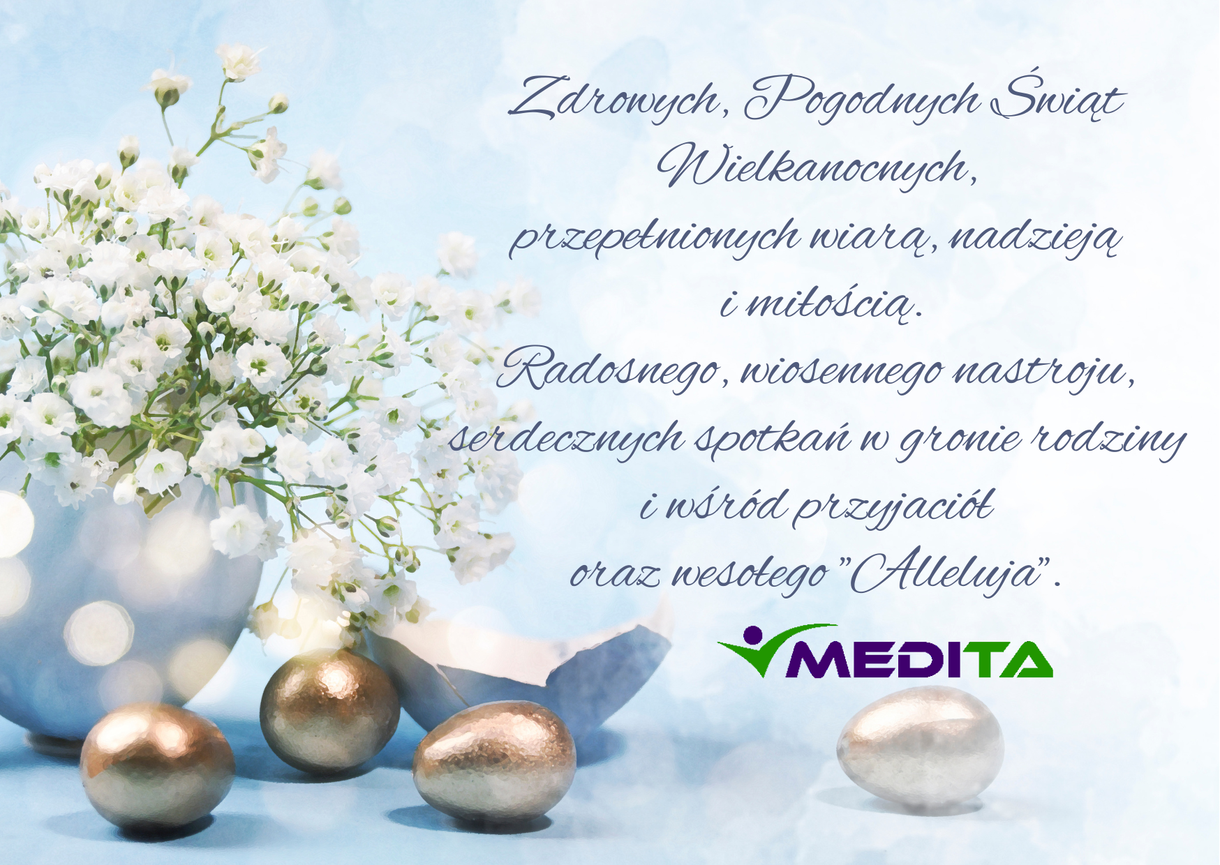Zdrowych, Pogodnych Świąt Wielkanocnych, przepełnionych wiarą, nadzieją i miłością. Radosnego, wiosennego nastroju, serdecznych spotkań w gronie rodziny i wśród przyjaciół oraz wesołego "Alleluja".